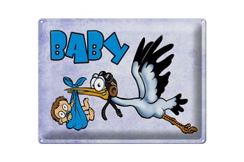 Plaque en tôle bébé 40x30cm cigogne amène un enfant en bleu 1