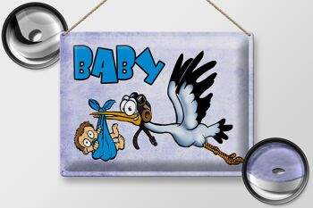 Plaque en tôle bébé 40x30cm cigogne amène un enfant en bleu 2