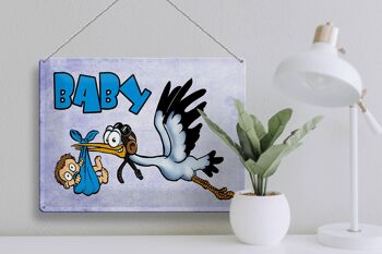 Plaque en tôle bébé 40x30cm cigogne amène un enfant en bleu 3