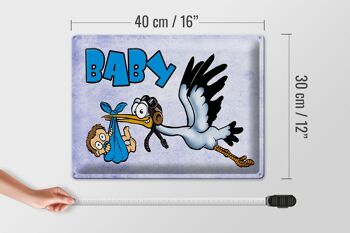 Plaque en tôle bébé 40x30cm cigogne amène un enfant en bleu 4