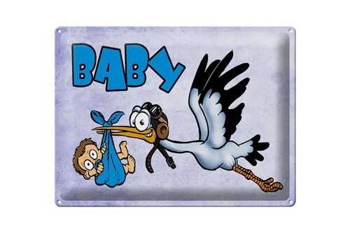 Blechschild Baby 40x30cm Storch bringt Kind in blau