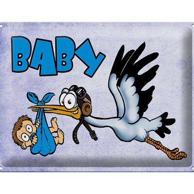 Blechschild Baby 40x30cm Storch bringt Kind in blau