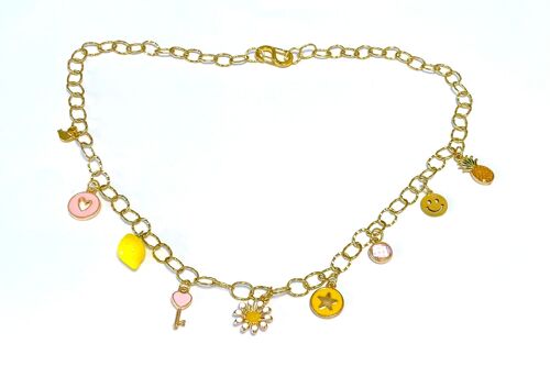 Necklace gold charms pink yellow