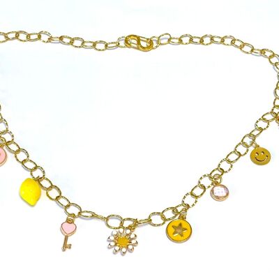 Necklace gold charms pink yellow
