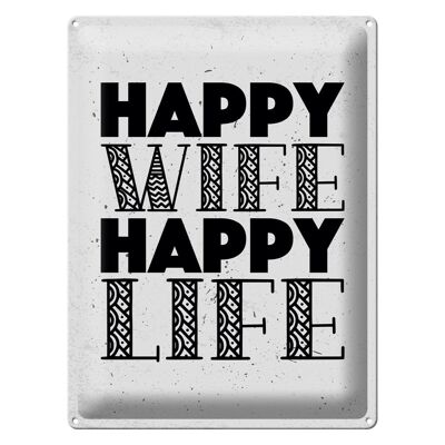 Blechschild Spruch Frau Happy wife happy Life 30x40cm weißes Schild