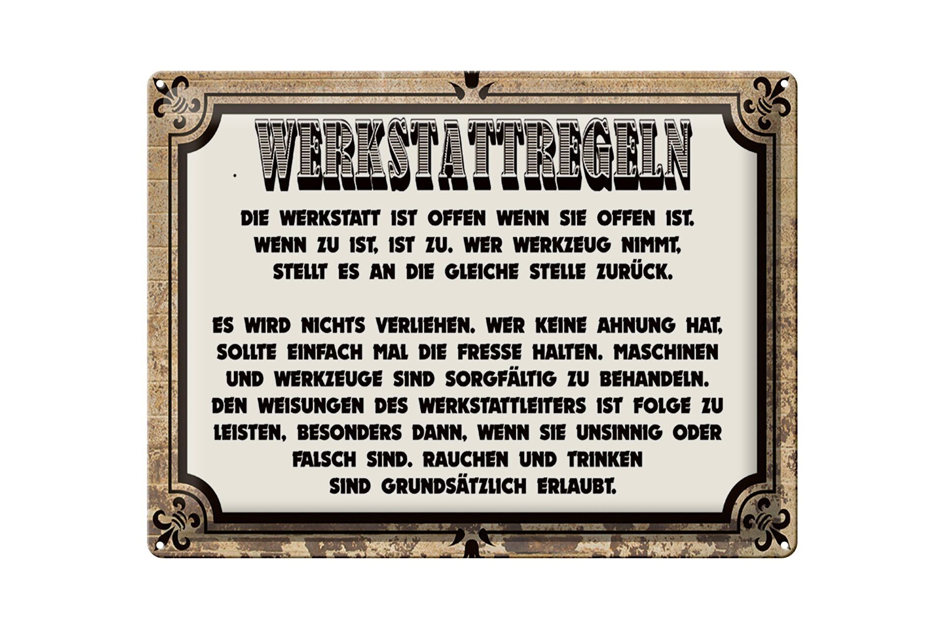 Targa in latta 40x30 cm con scritta "Regole officina officina aperta".