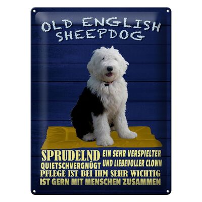 Cartel de chapa con texto "Perro pastor inglés antiguo" 30x40 cm