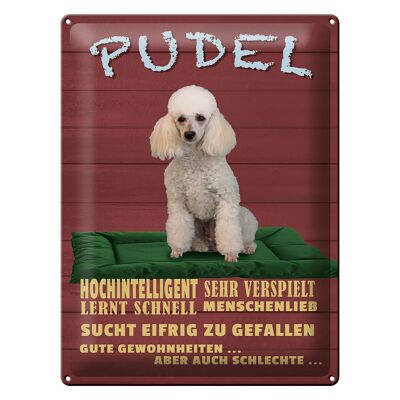 Cartel de chapa con texto "Poodle, perro encantador muy inteligente, 30x40cm"