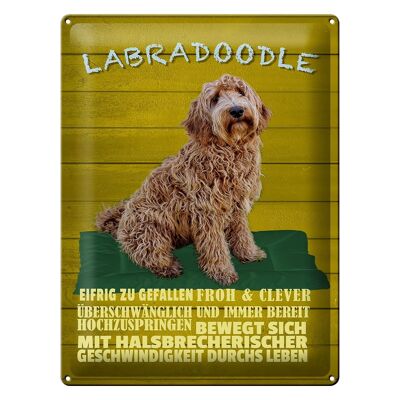 Cartel de chapa con texto "Perro Labradoodle 30x40cm feliz e inteligente"