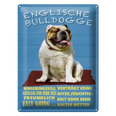 Cartel de chapa con texto "Perro Bulldog Inglés dulce" 30x40 cm