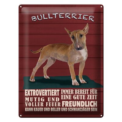 Cartel de chapa con texto "Perro Bull Terrier siempre listo" 30x40 cm