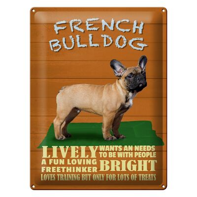 Cartel de chapa con texto "Perro Bulldog Francés animado" 30x40cm