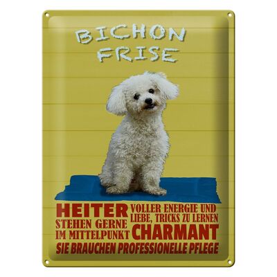 Cartel de chapa con texto "Perro Bichón Frisé encantador" 30x40 cm