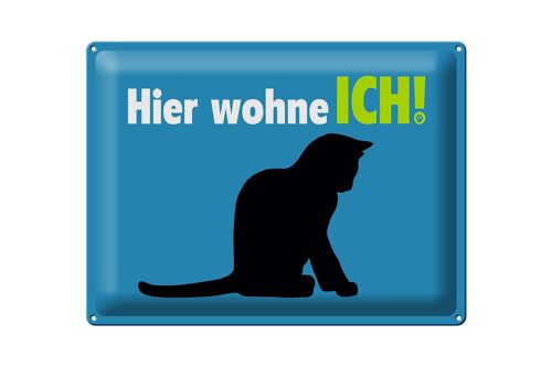 Blechschild Spruch 40x30cm Katze hier wohne ich blau