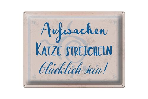 Blechschild Spruch 40x30cm Aufwachen Katze streicheln