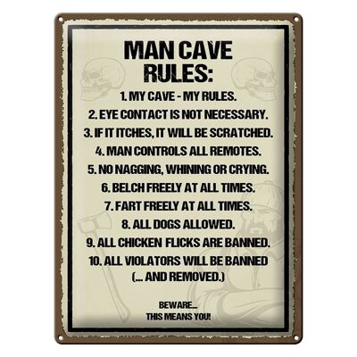 Panneau en étain disant 30x40cm Man Cave Rules, ma grotte, mes règles