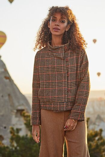 Veste Boho Courte À Carreaux Marron 3