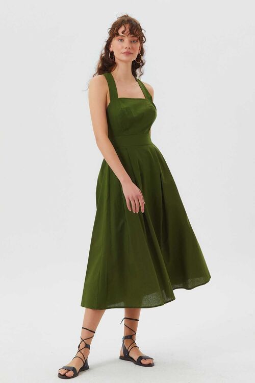 Open Back Fit and Flare Cotton Dress Green