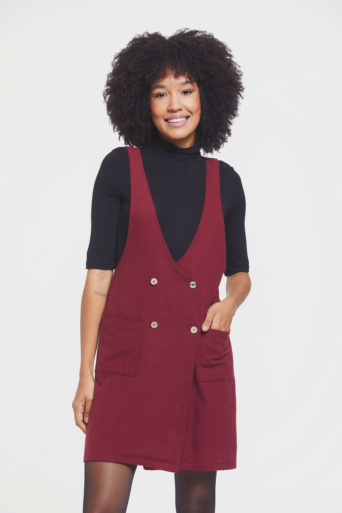 Robe Gilet Courte avec Boutons sur le Devant Rouge Foncé