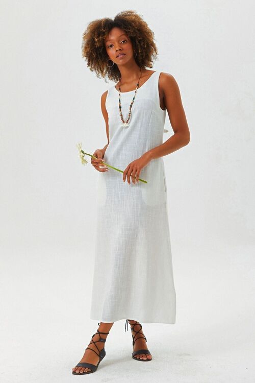 Round Neck Boho Shift Dress with Tie Closure White