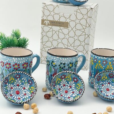 Motivos auténticos de Anatolia hechos a mano: juego de taza de cerámica de 10 cm y cuenco de 8 cm