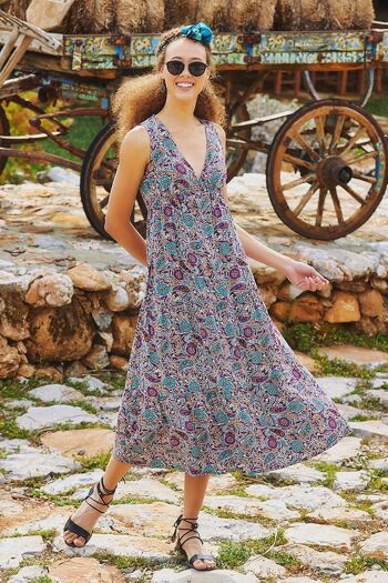 Robe Soleil Midi Imprimée À Manches Courtes Violet 1