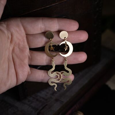 brass snake and moon chip earrings
