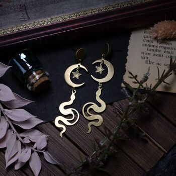 boucles d'oreilles puce serpent et lune en laiton 10