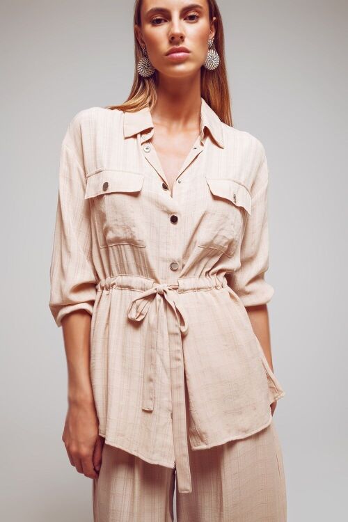 Tie waist long sleeve shirt in beige