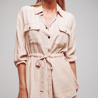 Tie waist long sleeve shirt in beige