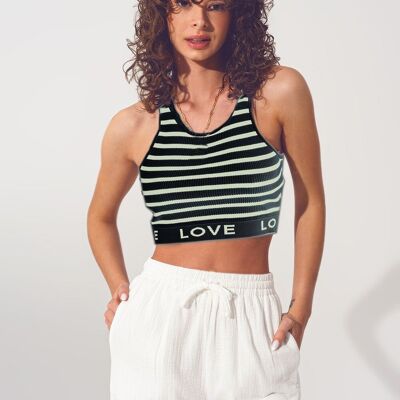 Top corto a righe con scritta Love in nero e beige