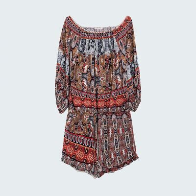 boho printed jumpsuit gathered at the waist