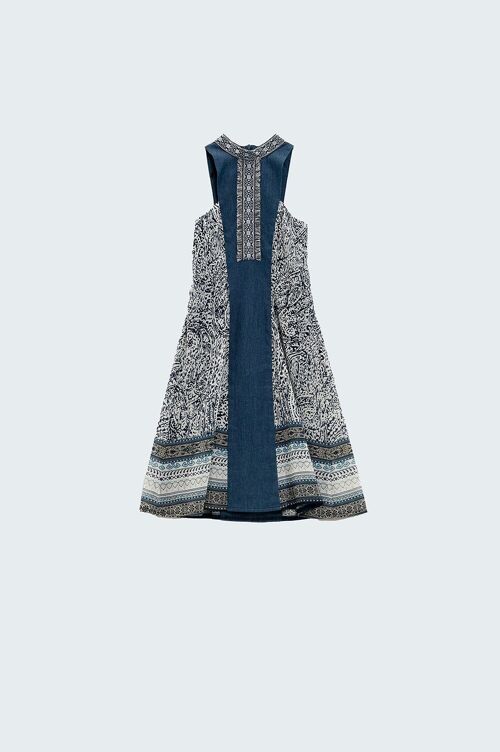 Blue swing dress with high neck detail