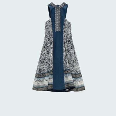 Blue swing dress with high neck detail