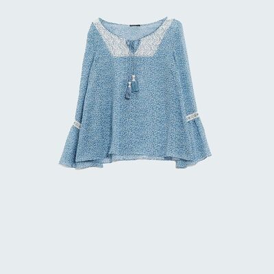 Blue chiffon blouse with lace detail