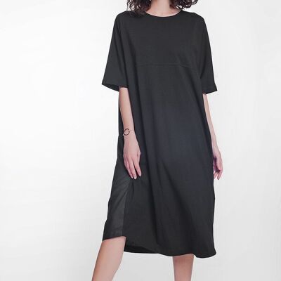 Vestido estilo camiseta de popelina con cuello redondo en negro