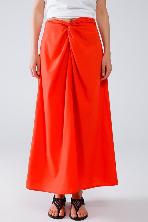 Maxi orange poplin skirt with knot detail at the waist