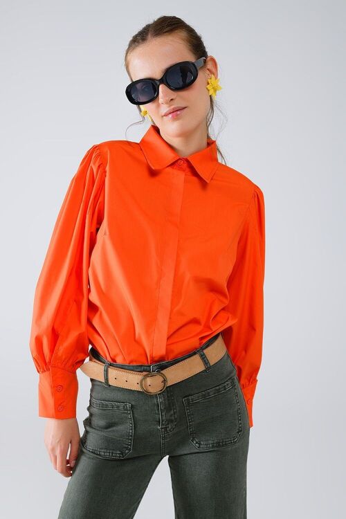 Basic poplin orange shirt with balloon long sleeves