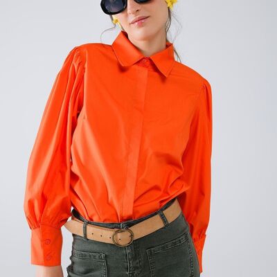 Camicia basic in popeline arancione con maniche lunghe a palloncino