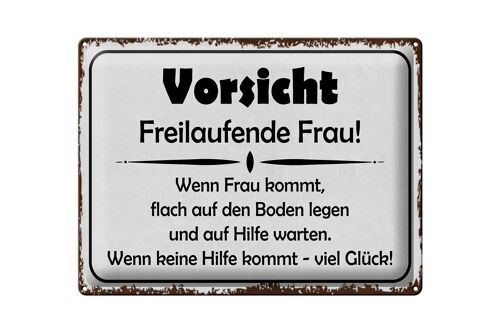 Blechschild Hinweis 40x30cm Vorsicht freilaufende Frau