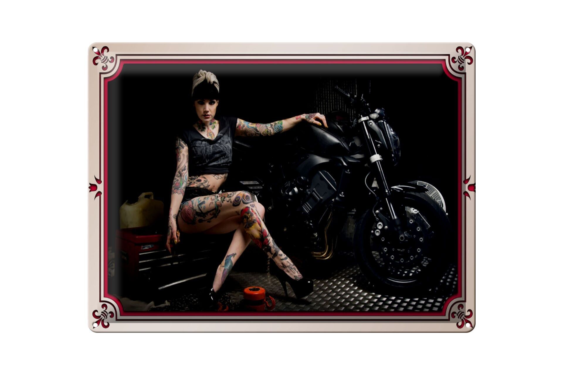 Targa in metallo Moto 40x30 cm Biker Girl Pinup Woman Tattoo