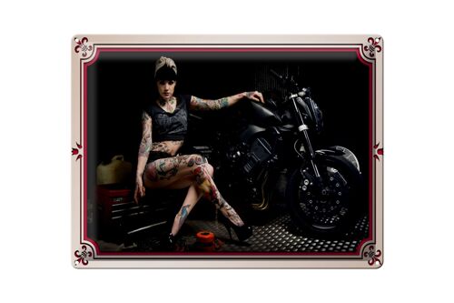 Blechschild Motorrad 40x30cm Biker Girl Pinup Frau Tattoo