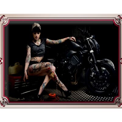 Cartel de chapa Moto 40x30cm Chica motera Pinup Mujer Tatuaje