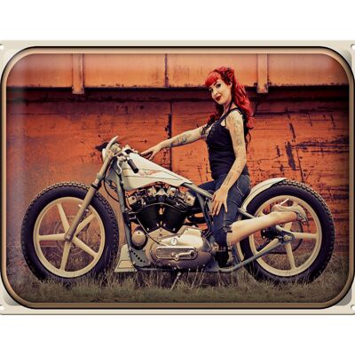 Cartel de chapa Moto 40x30cm Biker Girl Woman Pin up