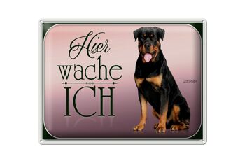 Plaque en tôle chien 40x30cm Rottweiler ici je me réveille 1