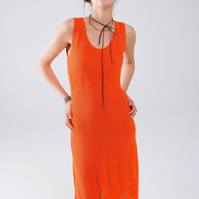 Sleeveless orange knit midi dress with round neck