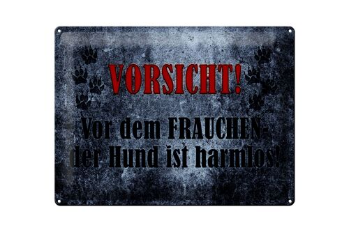 Blechschild Hinweis 40x30cm Vorsicht Frau Hund harmlos