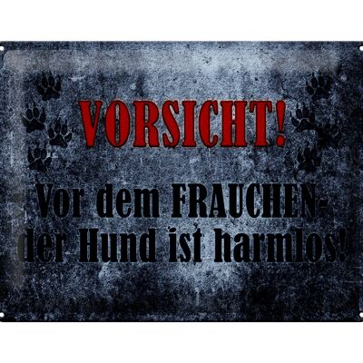 Blechschild Hinweis 40x30cm Vorsicht Frau Hund harmlos