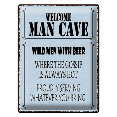 Targa in metallo con scritta "Welcome Man Cave Wild Men" 30x40 cm con birra