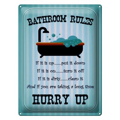 Letrero de chapa que dice Reglas del baño de 30x40 cm si está levantado.